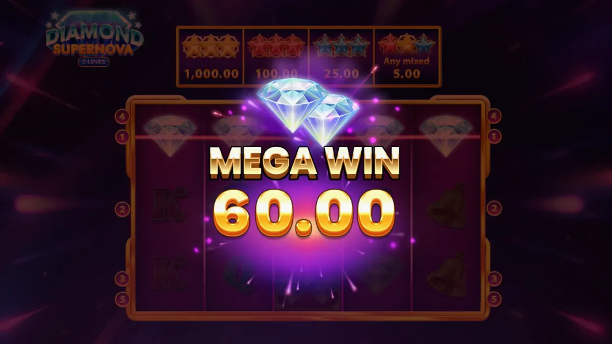 Visual cósmico do jogo Diamond Supernova com diamantes e estrelas brilhantes